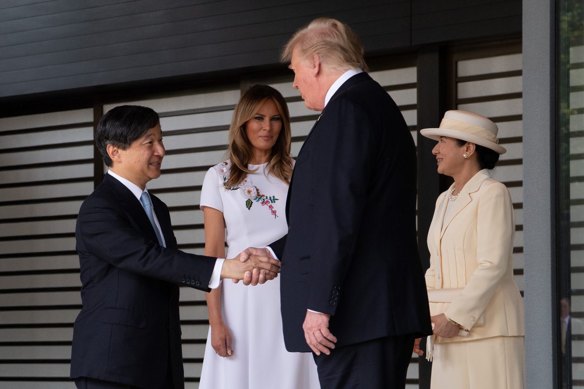 President Donald Trump (Center R) and First Lady Melania Trump (Center L) are bid farewell by head of state Naruhito (L) and his wife Masako (R) as they leave the royal palace in Tokyo, Japan, on May 27, 2019. (Carl Court-Pool/Getty Images)