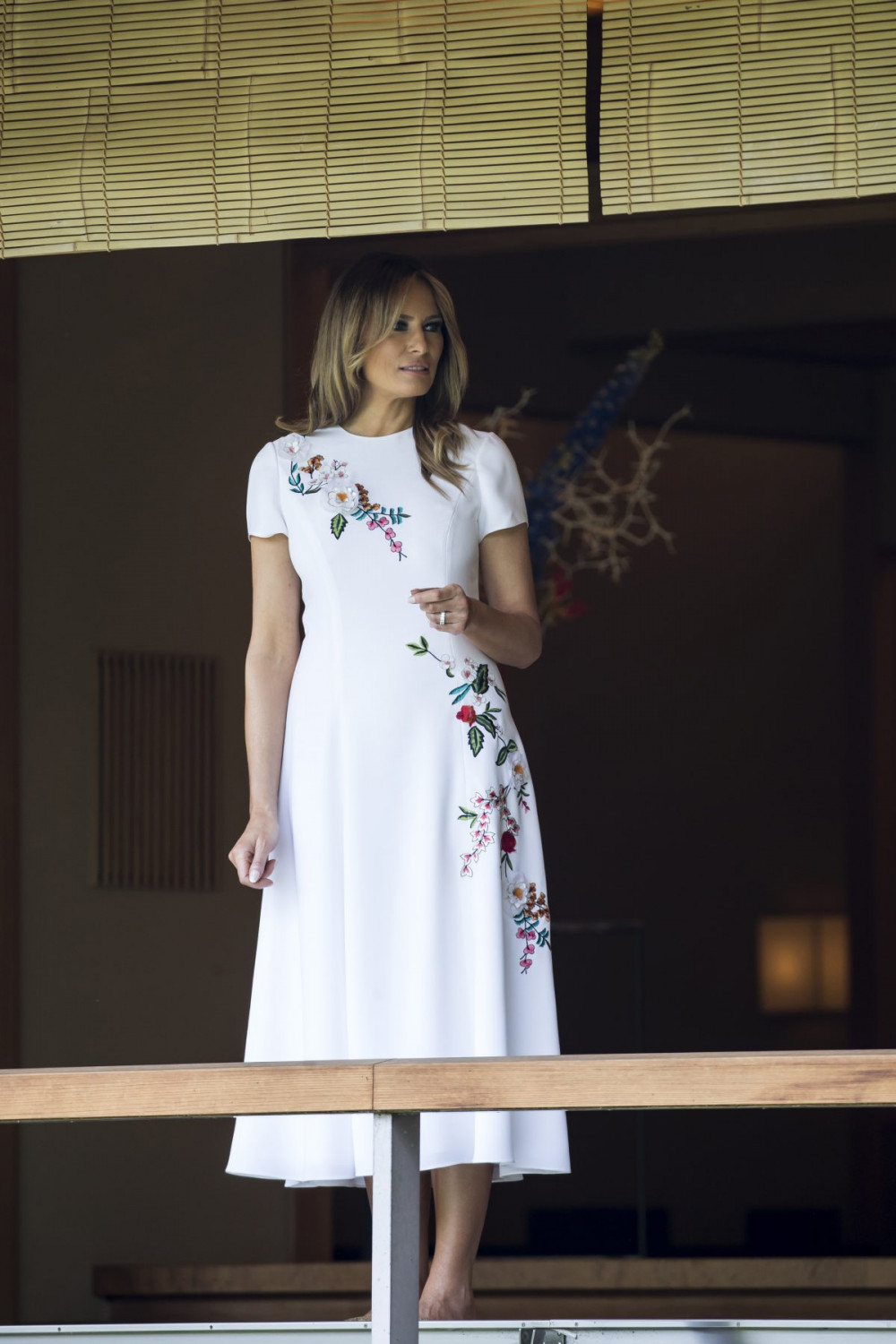 First Lady Melania Trump visiting a pond at the Japanese style annex inside the State Guest House to look at koi carps in Tokyo, Japan, on May 27, 2019. (Tomohiro Ohsumi/Getty Images)