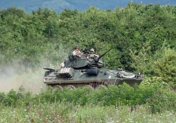 A LAV25 armored vehicle from the U.S. Marines during a field drill in Eniwa, Japan on Aug. 16, 2017. (Toru Yamanaka/AFP/Getty Images)