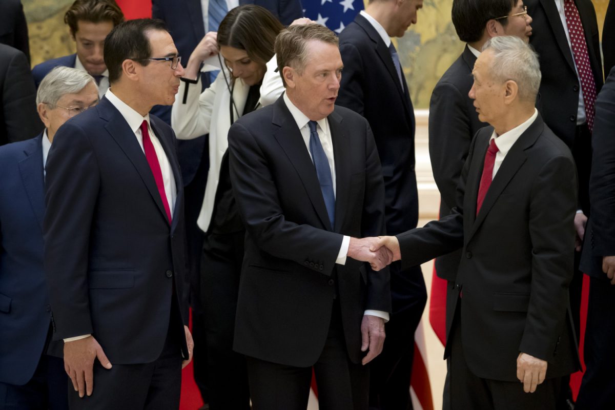 US Treasury Secretary Steven Mnuchin (L) seen with Chinese Vice Premier Liu He (R) at the Diaoyutai State Guesthouse in Beijing on Feb. 15, 2019. (Mark Schiefelbein/AFP/Getty Images)
