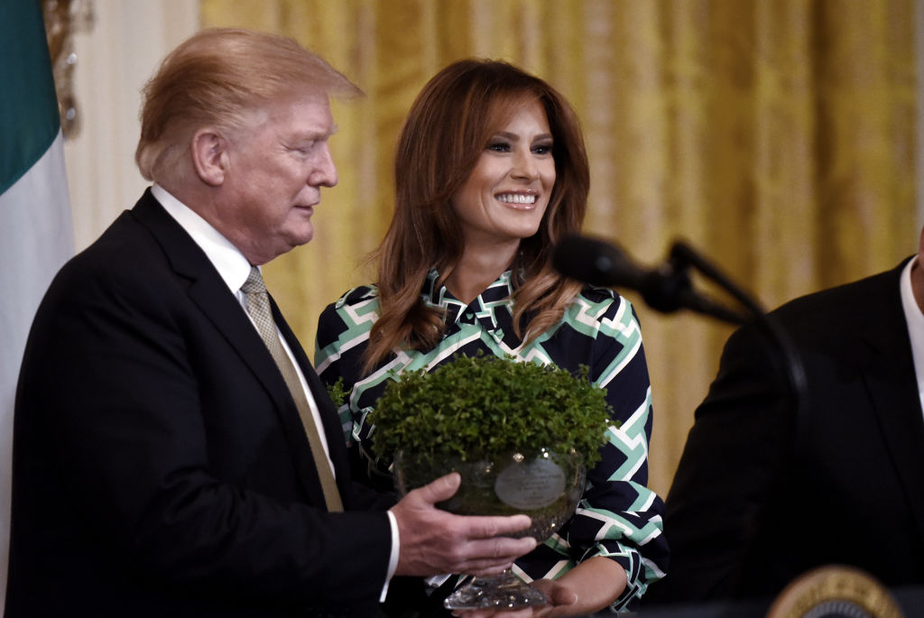 President Donald J. Trump and First Lady Melania Trump pose with a bowl of Shamrocks presented by Prime Minister Leo Varadkar of Ireland at the White House in Washington, on March 14, 2019. (Olivier Douliery-Pool/Getty Images)