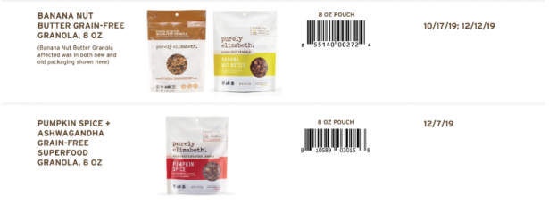 The Banana Nut Butter Grain-Free Granola, Pumpkin Spice and Ashwagandha Grain-Free Superfood Granola affected by the recall. (Purely Elizabeth)