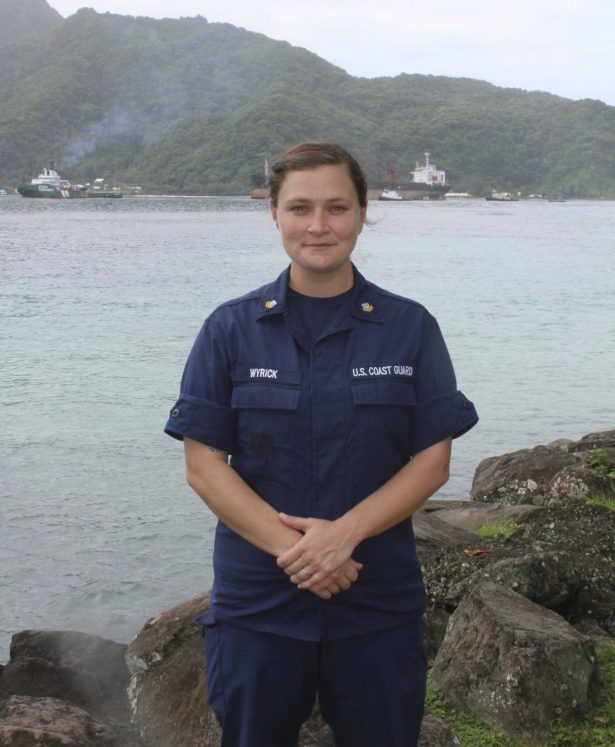 Honolulu based US Coast Guard public affairs officer, Amanda Wyrick at the shoreline village of Utulei in American Samoa, on May 11, 2019, as the North Korean cargo ship, Wise Honest, is being towed into Pago Pago Harbor. (Fili Sagapolutele/AP Photo)