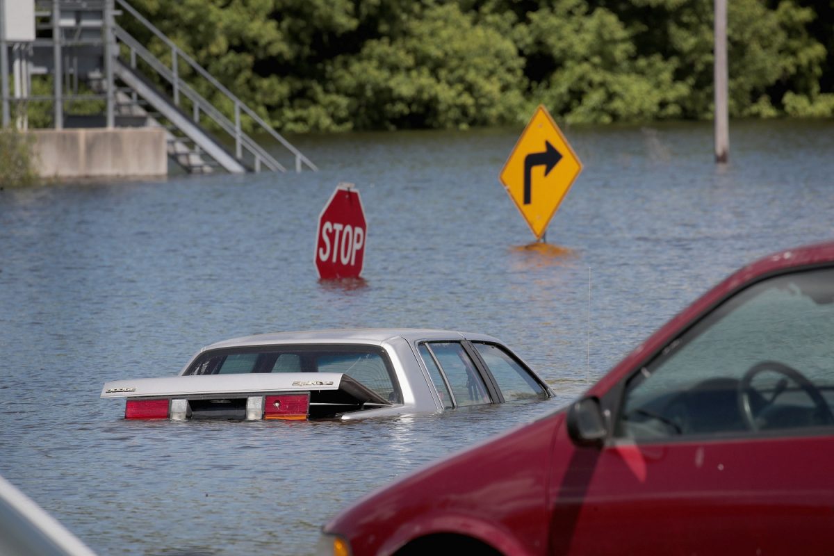 Cars sit in floodwater from the Mississippi River in Saint Mary, Missouri, on May 30, 2019. (Scott Olson/Getty Images)