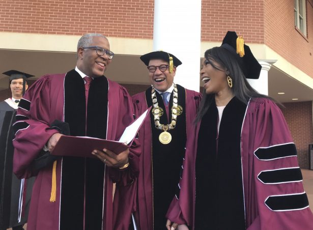L-R: Robert F. Smith, David Thomas, and actress Angela Bassett at Morehouse College in Atlanta on May 19, 2019. (Bo Emerson/Atlanta Journal-Constitution via AP)