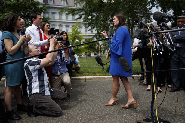 White House press secretary Sarah Sanders speaks with reporters outside the White House, on May 3, 2019. (Evan Vucci/AP Photo)