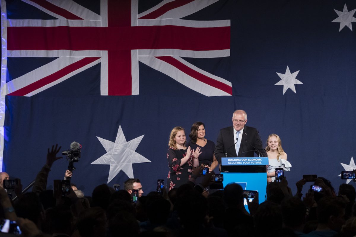 Prime Minister of Australia Scott Morrison, joined by wife Jenny and daughters Lilly and Abbey speaks at the Liberal Party reception at the Sofitel Wentworth Hotel in Sydney, Australia on May 18, 2019. (Brook Mitchell/Getty Images)
