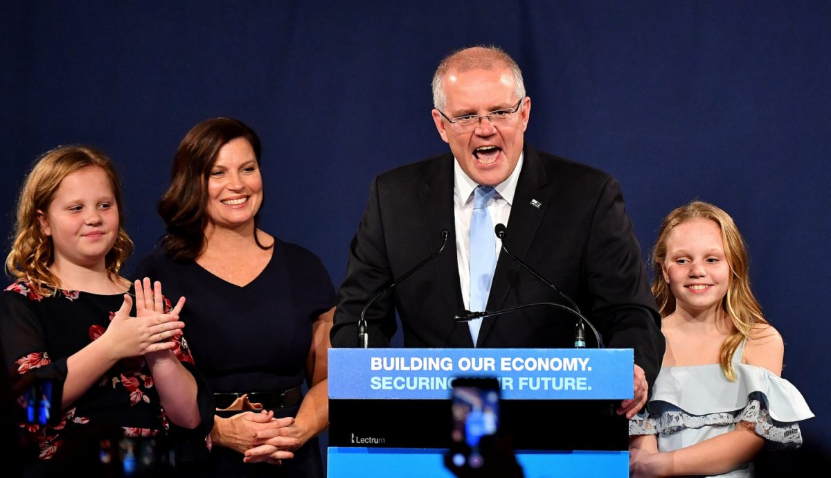 Australia's Prime Minister Scott Morrison with wife Jenny, children Abbey and Lily after winning the 2019 Federal Election, at the Federal Liberal Reception at the Sofitel-Wentworth hotel in Sydney, Australia, May 18, 2019. (AAP Image/Dean Lewins/via Reuters)