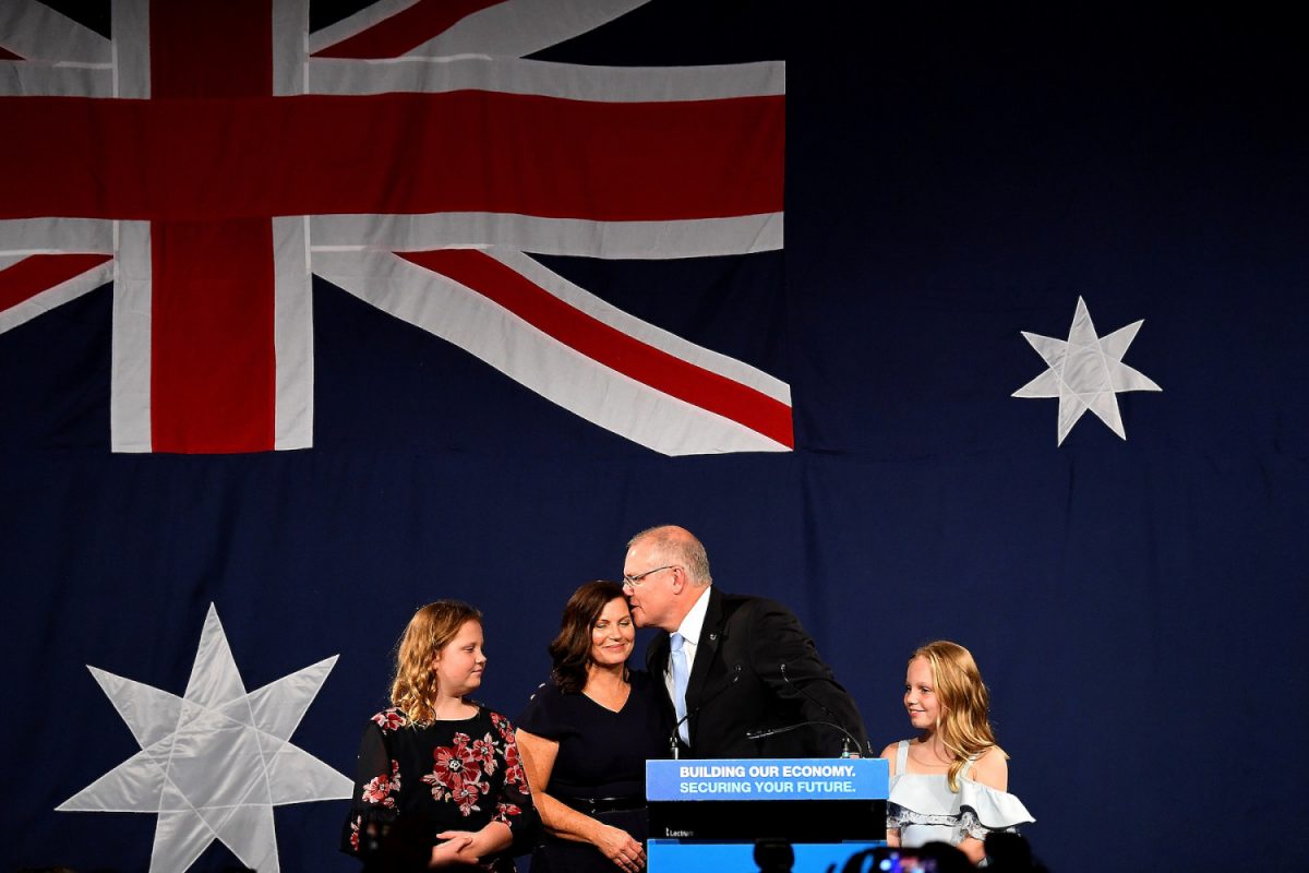 Australia's Prime Minister Scott Morrison with wife Jenny, children Abbey and Lily after winning the 2019 Federal Election, at the Federal Liberal Reception at the Sofitel-Wentworth hotel in Sydney, Australia, May 18, 2019. (AAP Image/Dean Lewins/via Reuters)