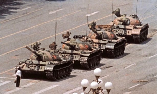 Photographer Jeff Widener's iconic Tank Man shot, in Tiananmen Square, China