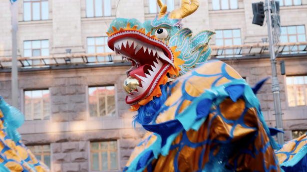 A Chinese dragon dance is performed at an event celebrating Falun Dafa, in Kyiv, Ukraine, on June 1, 2019. (NTDTV)
