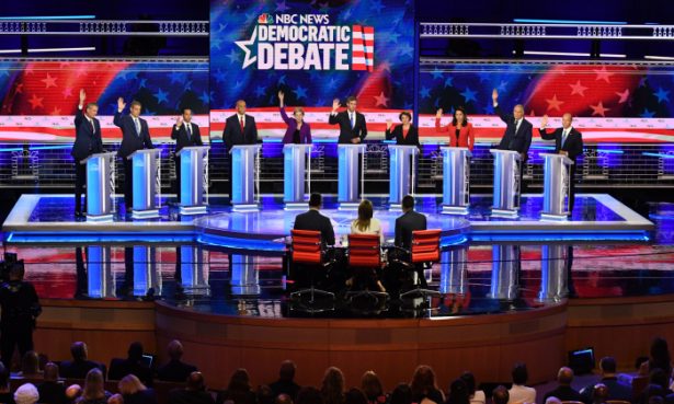 Democratic presidential hopefuls (from L) Bill de Blasio, Tim Ryan, Julian Castro, Cory Booker, Elizabeth Warren, Beto O'Rourke, Amy Klobuchar, Tulsi Gabbard, Jay Inslee and John Delaney participate in the first Democratic primary debate of the 2020 presidential campaign season hosted by NBC News on June 26, 2019. (Jim Watson/AFP/Getty Images)