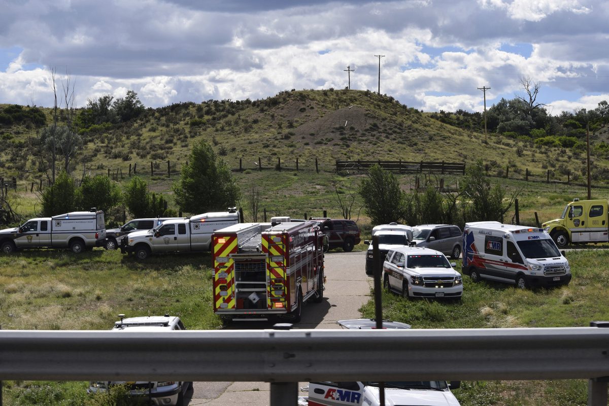 Emergency crews respond to a bus crash on southbound Interstate 25 in Pueblo County, Colo., on June 23, 2019. (Zach Hillstrom/The Pueblo Chieftain via AP)