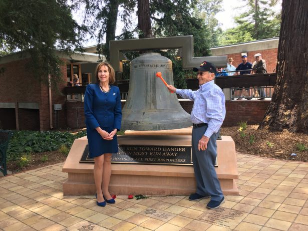 A bell dedicated to first responders was struck three times at the ceremony on June 15, 2019. (Ilene Eng/NTD)