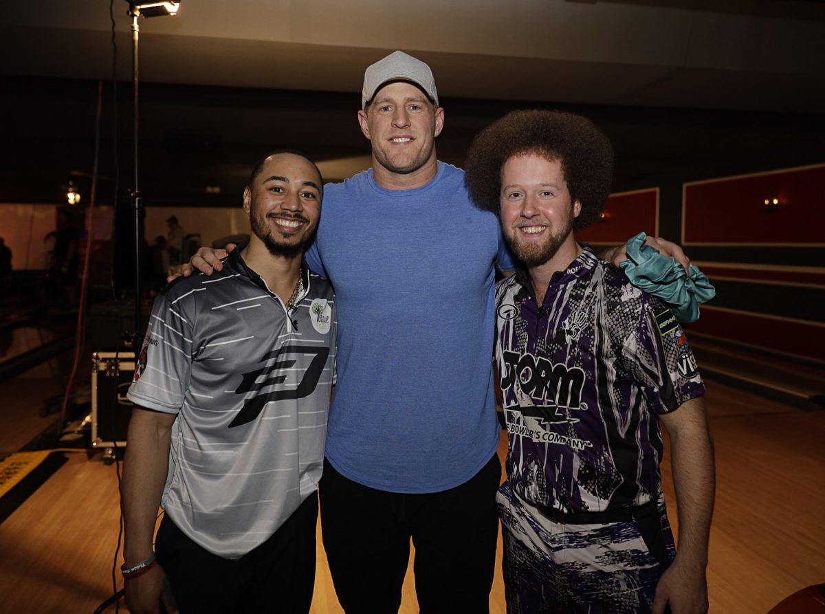 (L-R) Mookie Betts of the Boston Red Sox, J.J. Watt of the Houston Texans and PBA bowler Kyle Troup during the 2019 State Farm Chris Paul PBA Celebrity Invitational in Houston, Texas on Jan. 17, 2019. (Bob Levey/Getty Images for PBA)