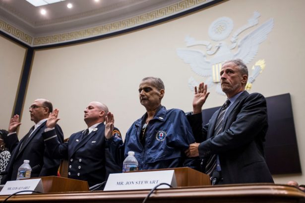 Former Daily Show Host Jon Stewart and first responder Luis Alvarez before testifying at a House Judiciary Committee hearing on Capitol Hill in Washington on June 11, 2019. (Zach Gibson/Getty Images)