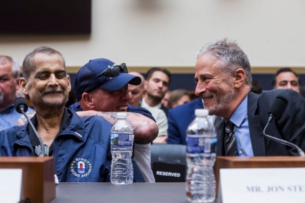 Jon Stewart and Luis Alvarez during the House Judiciary Committee hearing on reauthorization of the Sept. 11th Victim Compensation Fund on Capitol Hill in Washington on June 11, 2019. (Zach Gibson/Getty Images)