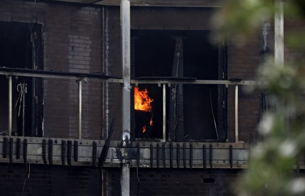 The interior of a flat burns after a fire broke out in Barking, London, Britain, on June 9, 2019. (Simon Dawson/Reuters)