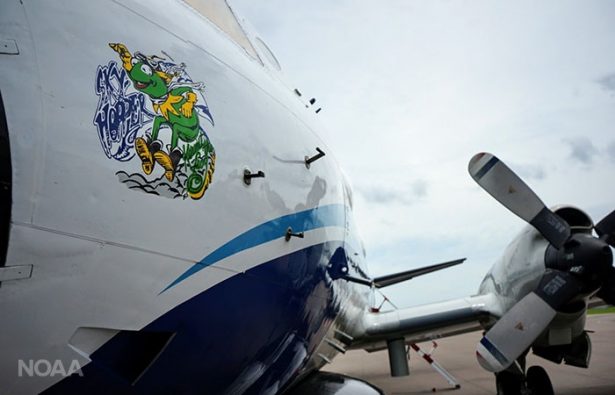 NOAA has two WP-3D turboprop aircraft used for both research and operational missions. NOAA 42, also known as Kermit, is poised for takeoff from NOAA's Aircraft Operations Center in Lakeland, Fla. (NOAA)