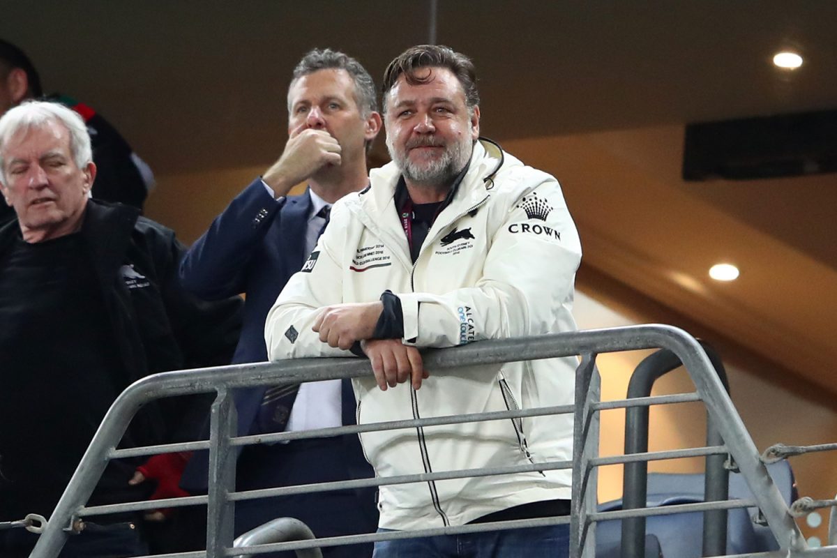Rabbitohs owner Russell Crowe watches the action from a box during the round 25 NRL match between the South Sydney Rabbitohs and the Wests Tigers at ANZ Stadium in Sydney, Australia on Aug. 30, 2018. (Cameron Spencer/Getty Images)