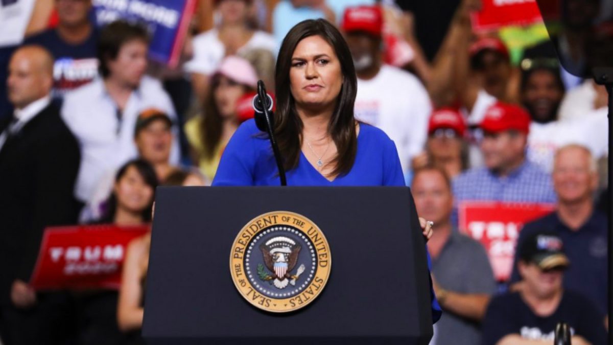 Outgoing White House Press Secretary Sarah Sanders speaks at President Donald Trump’s 2020 re-election event in Orlando, Fla., on June 18, 2019. (Charlotte Cuthbertson/The Epoch Times)