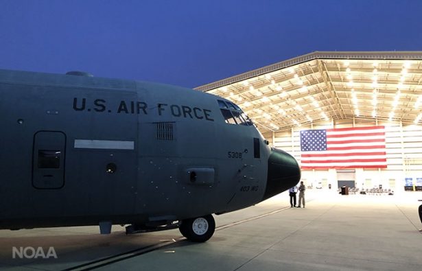 The USAF Reserve WC-130J “hurricane hunter” arrives in Aruba for the Caribbean Hurricane Awareness Tour. The planes and crews are with the USAF 403rd Wing, 53rd Reserve, located at Keesler AFB in Biloxi, Miss. (NOAA)