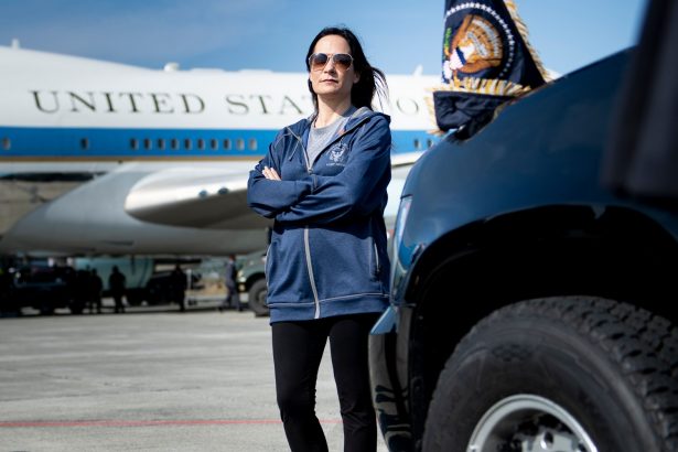Acting White House Press Secretary Stephanie Grisham waits as Air Force One is refueled at Elmendorf Air Force Base while traveling to Japan in Anchorage, Alaska on June 26, 2019. (Brendan Smialowski/AFP/Getty Images)