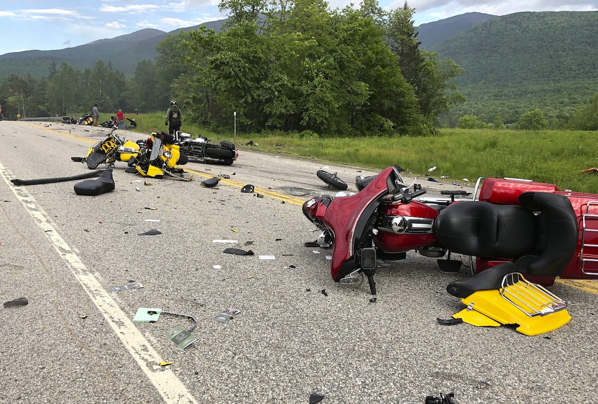 The scene where several motorcycles and a pickup truck collided on a rural, two-lane highway in Randolph, N.H., on June 21, 2019. (Miranda Thompson via AP)