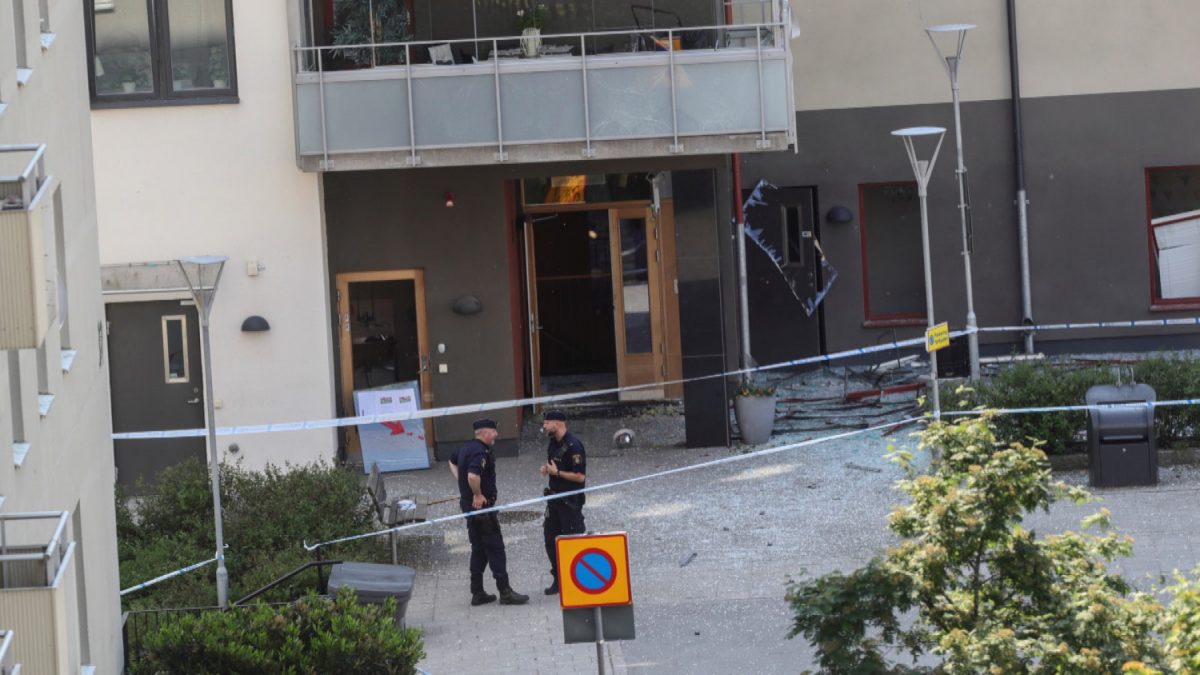 Police officers are seen at the site of an explosion in Linkoping, Sweden on June 7, 2019. (Jeppe Gustafsson/TT News Agency/via Reuters)