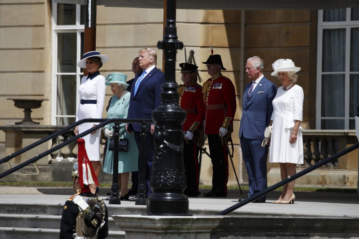 President Donald Trump, center, stands with Queen Elizabeth II, second from left, with first lady Melania Trump, left, and Prince Charles and Camilla the Duchess of Cornwall, right, at Buckingham Palac, in London on June 3, 2019. (Alex Brandon/AP Photo)