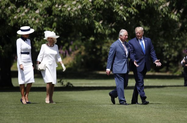 President Donald Trump walks with Prince Charles and first lady Melania Trump walks with Camilla, the Duchess of Cornwall, after arriving at Buckingham Palace, Monday, June 3, 2019, in London. (Alex Brandon/AP)