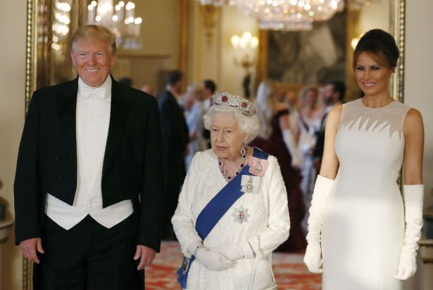 Queen Elizabeth II (C),U.S. President Donald Trump (L) and First Lady Melania Trump (R) attend a State Banquet at Buckingham Palace in London, England on June 3, 2019. (Jeff Gilbert - WPA Pool/Getty Images)