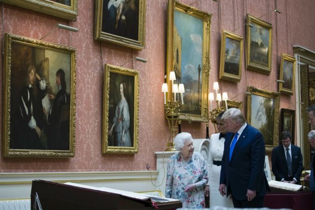 Queen Elizabeth II shows items in the Royal Gifts collection to first lady Melania Trump and President Donald Trump at Buckingham Palace, Monday in London on June 3, 2019. (Alex Brandon/AP)
