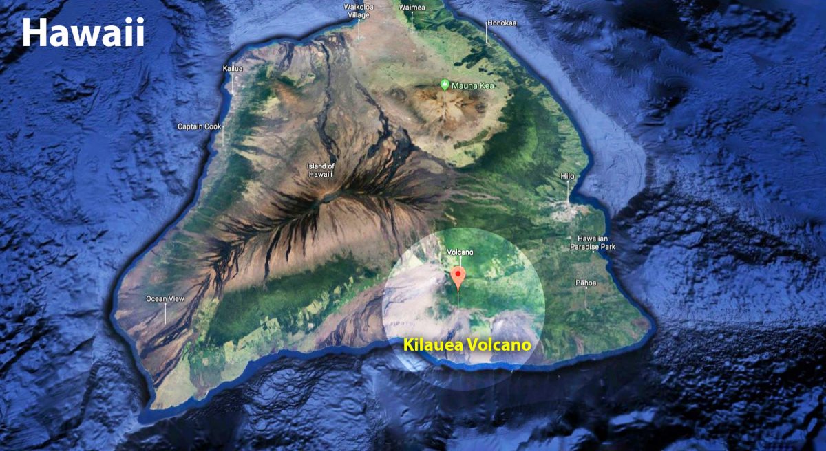 Kilauea Volcano in Hawaii. (©<a href="https://www.google.com/maps/place/K%C4%ABlauea/@19.6656146,-155.4608745,259352m/data=!3m1!1e3!4m5!3m4!1s0x7953da0aba317e0d:0x205a2df987301b9b!8m2!3d19.4068929!4d-155.2833786">Google Maps</a>)