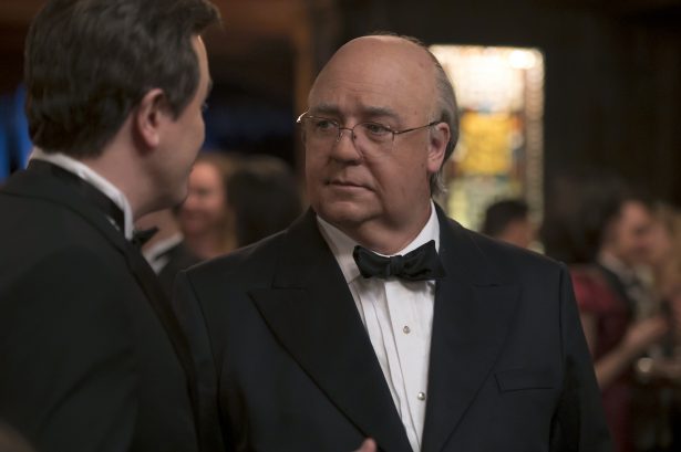 This image released by Showtime shows Russell Crowe as Roger Ailes in a scene from the limited series, "The Loudest Voice," which premiered on June 30, 2019. (JoJo Whilden/Showtime via AP)