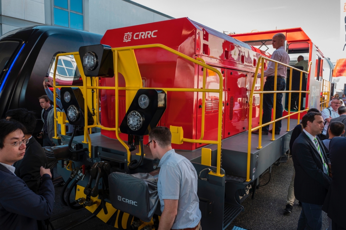 A Deutsche Bahn Hybrid Shunting Locomotive made by Chinese rail giant CRRC is on display at Innotrans in Berlin on Sept.19, 2018. (John Macdougall/ AFP)