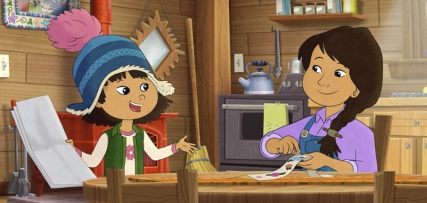 This image released by PBS shows characters Molly, voiced by Sovereign Bill, left, and her mother, voiced by Jules Koostachin in a scene from the animated series "Molly of Denali." (PBS via AP)