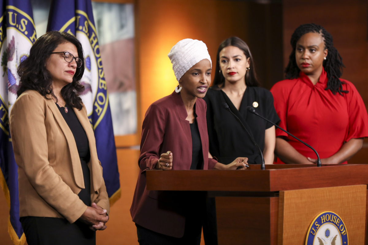 (L-R) Reps. Rashida Tlaib (D-Mich.), Ilhan Omar (D-Minn.), Alexandria Ocasio-Cortez (D.N.Y.), and Ayanna Pressley (D-Mass.) speak at a press conference on the Capitol in Washington on July 15, 2019. (Holly Kellum/NTD)