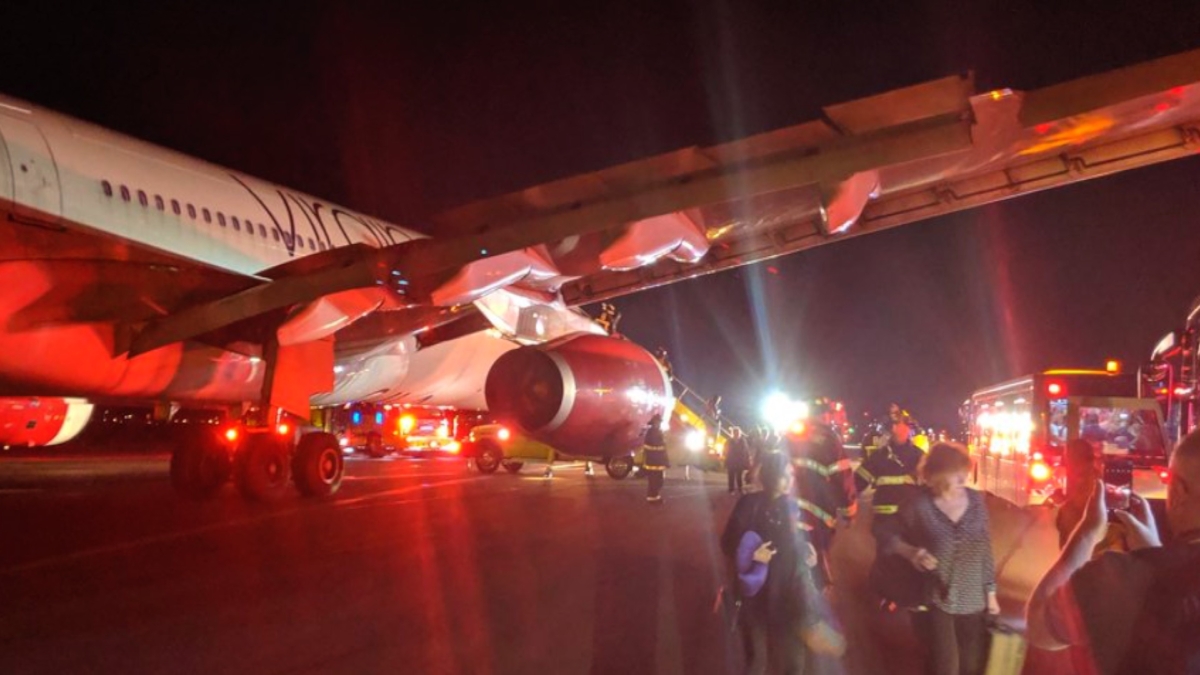 The Virgin Airways aircraft that made an emergency landing in Boston's Logan International Airport on July 4, 2019. (Photo Credit: Cory Tanner/Twitter@Ctannerweb)