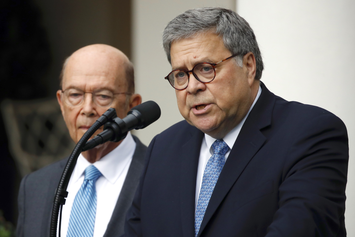 Attorney General William Barr speaks about the census as Commerce Secretary Wilbur Ross listens during an event with President Donald Trump in the Rose Garden at the White House, on July 11, 2019, in Washington. (AP Photo/Alex Brandon)
