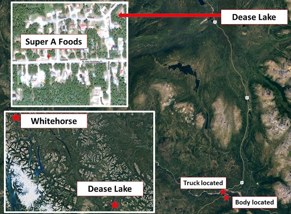 The location of the truck and the body. (RCMP)