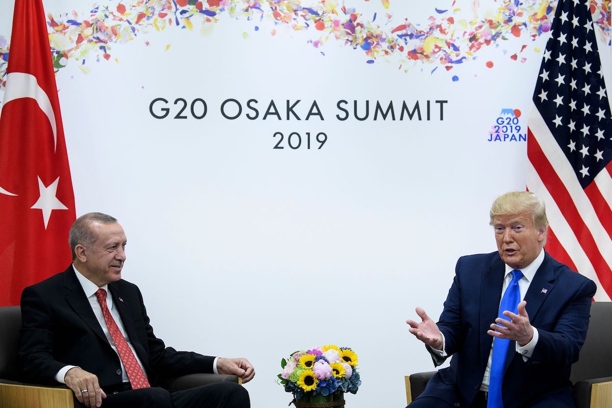 Turkey's President Recep Tayyip Erdogan (L) and President Donald Trump attend a bilateral meeting during the G20 Summit in Osaka on June 29, 2019. (Brendan Smialowski/AFP/Getty Images)
