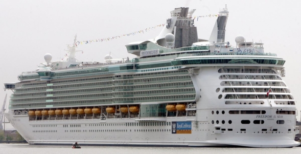 Freedom of the Seas, a cruise ship, sits off the shores of Bayonne, New Jersey. (Don Emmert/AFP/Getty Images)