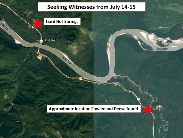 A map showing where Lucas Fowler and Chynna Deese were found dead in relation to Liard Hot Springs. (RCMP)