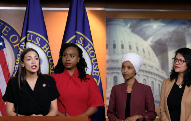 Reps. Alexandria Ocasio-Cortez (D-NY..) speaks as Reps. Ayanna Pressley (D-Mass.), Ilhan Omar (D-Minn.), and Rashida Tlaib (D-Mich.) at a press conference at the U.S. Capitol in Washington on July 15, 2019. (Alex Wroblewski/Getty Images)