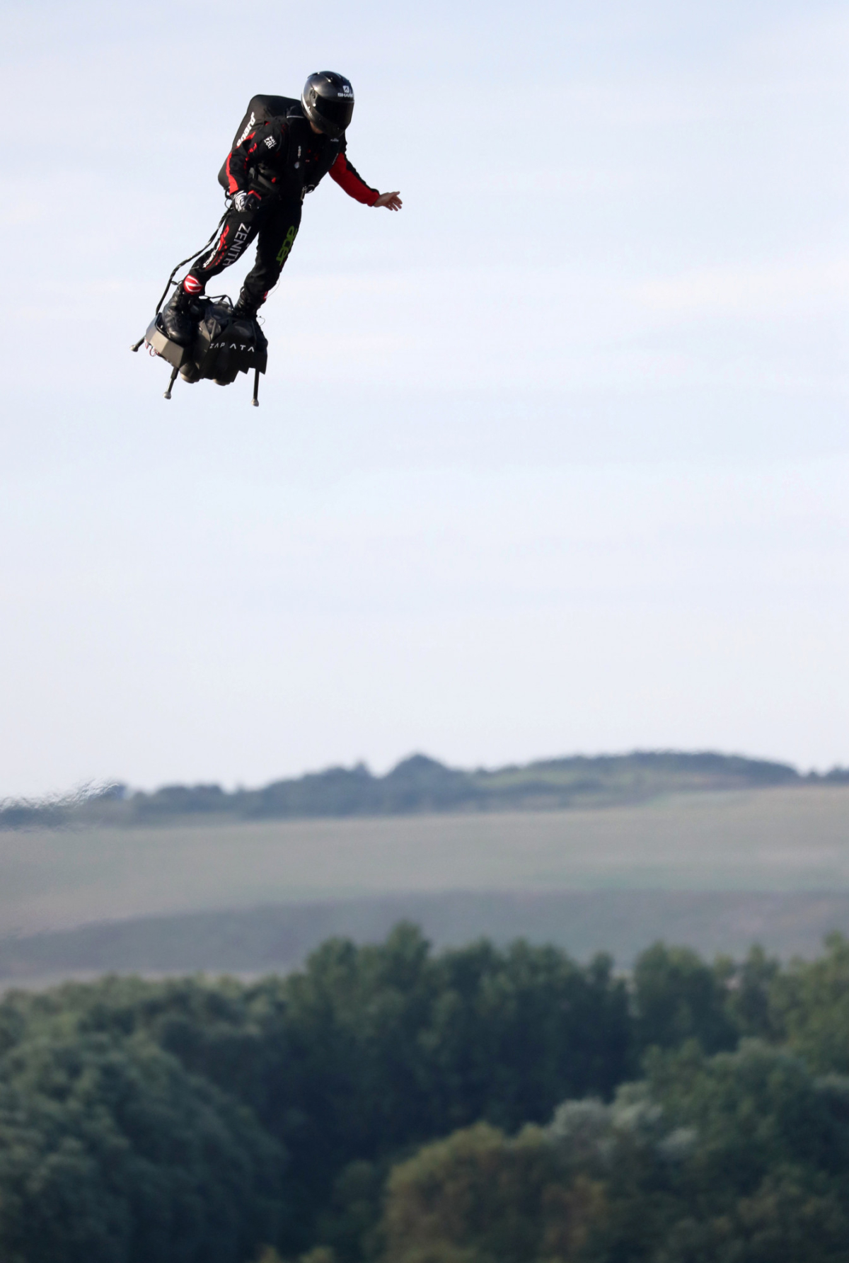 French inventor Franky Zapata takes off on a Flyboard for a second attempt to cross the English channel