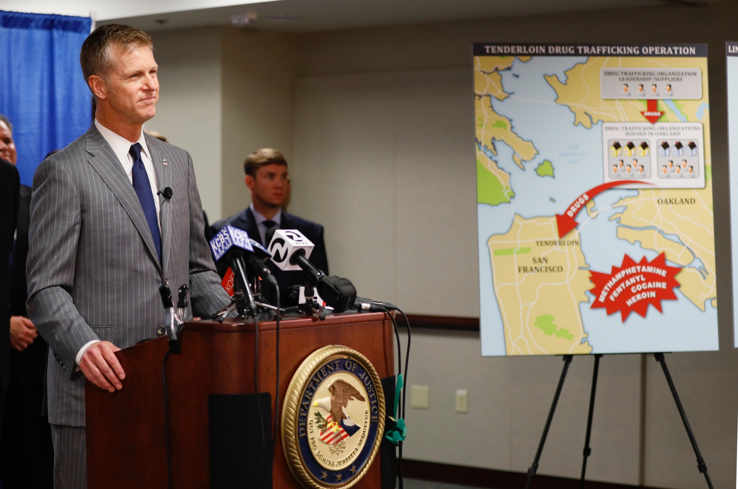 U.S. Attorney David Anderson announces a new federal crime-fighting initiative in San Francisco on Aug. 7, 2019. (AP Photo/Samantha Maldonado)