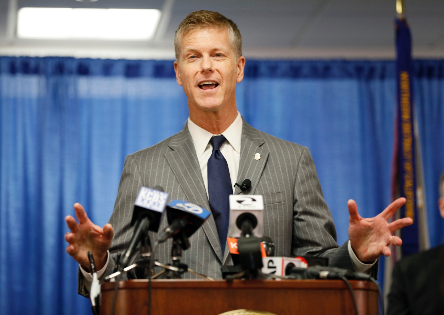 U.S. Attorney David Anderson announces a new federal crime-fighting initiative in San Francisco on Aug. 7, 2019. (Samantha Maldonado/AP Photo)