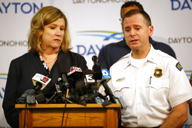 Dayton mayor Nan Whaley and police Lt. Col. Matt Carper give the latest update on the mass shooting during a news conference at the Dayton Convention Center in Dayton, Ohio, on Aug. 4, 2019. (Sam Greene/The Cincinnati Enquirer via AP)