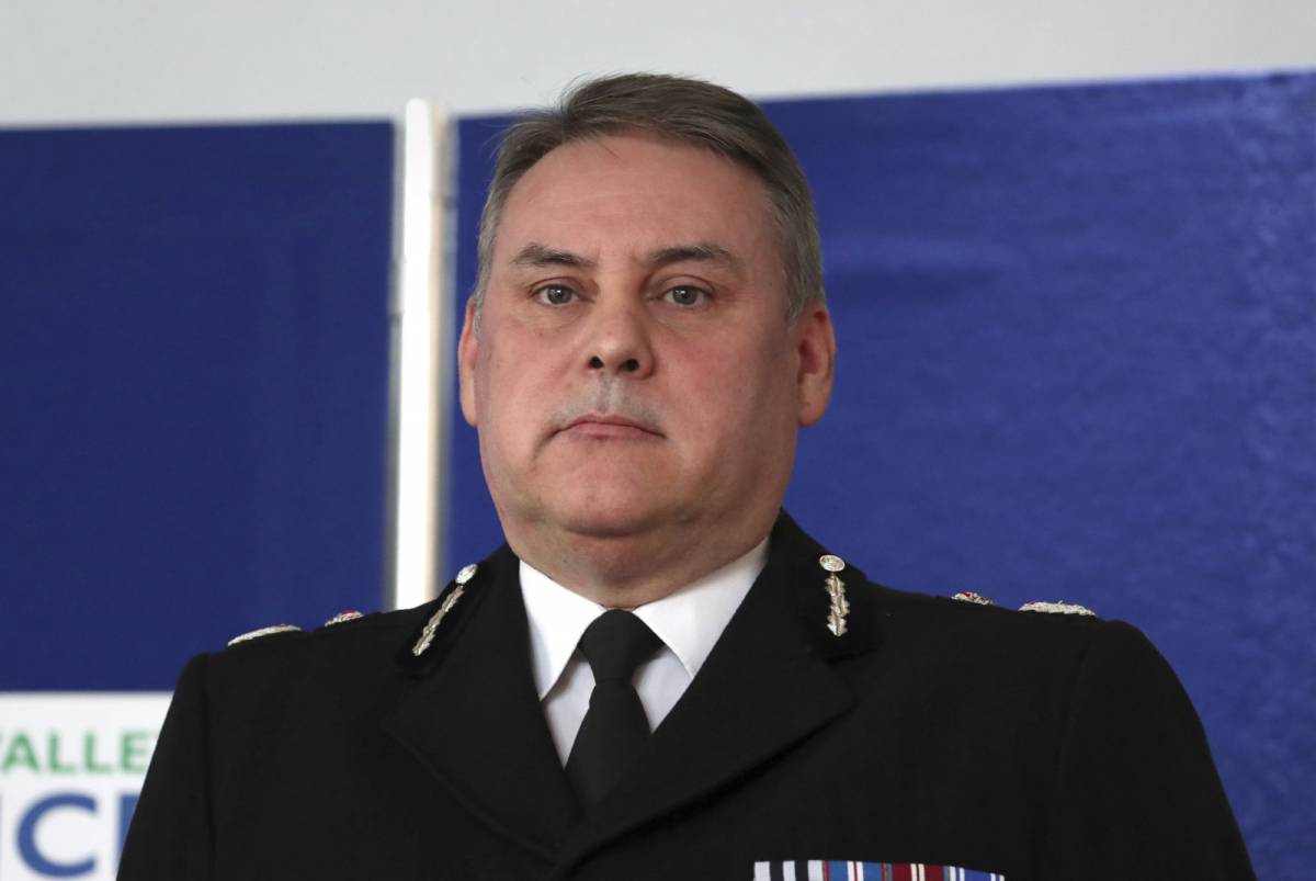 Chief Constable John Campbell speaks to the media during a press conference on the death of Pc Andrew Harper, in Sulhamstead, England on Aug. 16, 2019. (Steve Parsons/PA via AP)